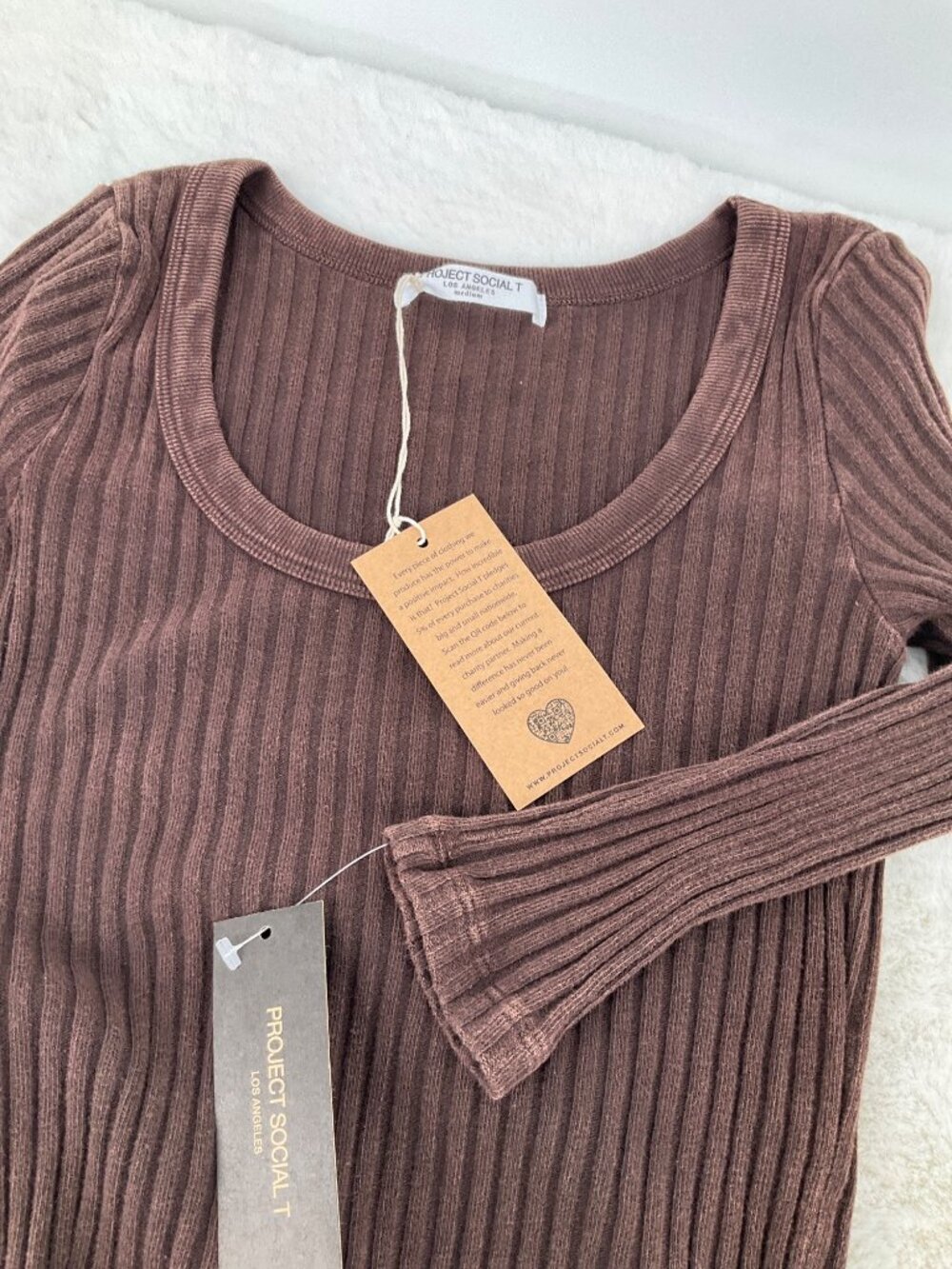 Project Social T size Medium NEW What's The Scoop Washed Rib Long Sleeve Brown - Picture 7 of 7
